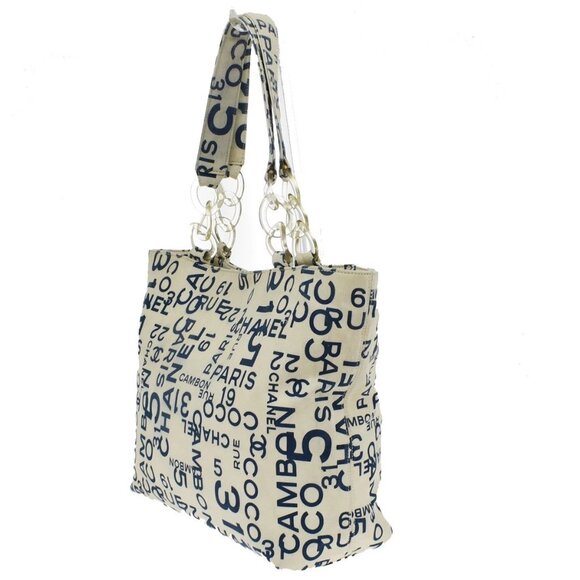 CHANEL Logo By Sea Shoulder Tote Bag Canvas Leather White Blue Italy 85KB313 - Picture 2 of 16